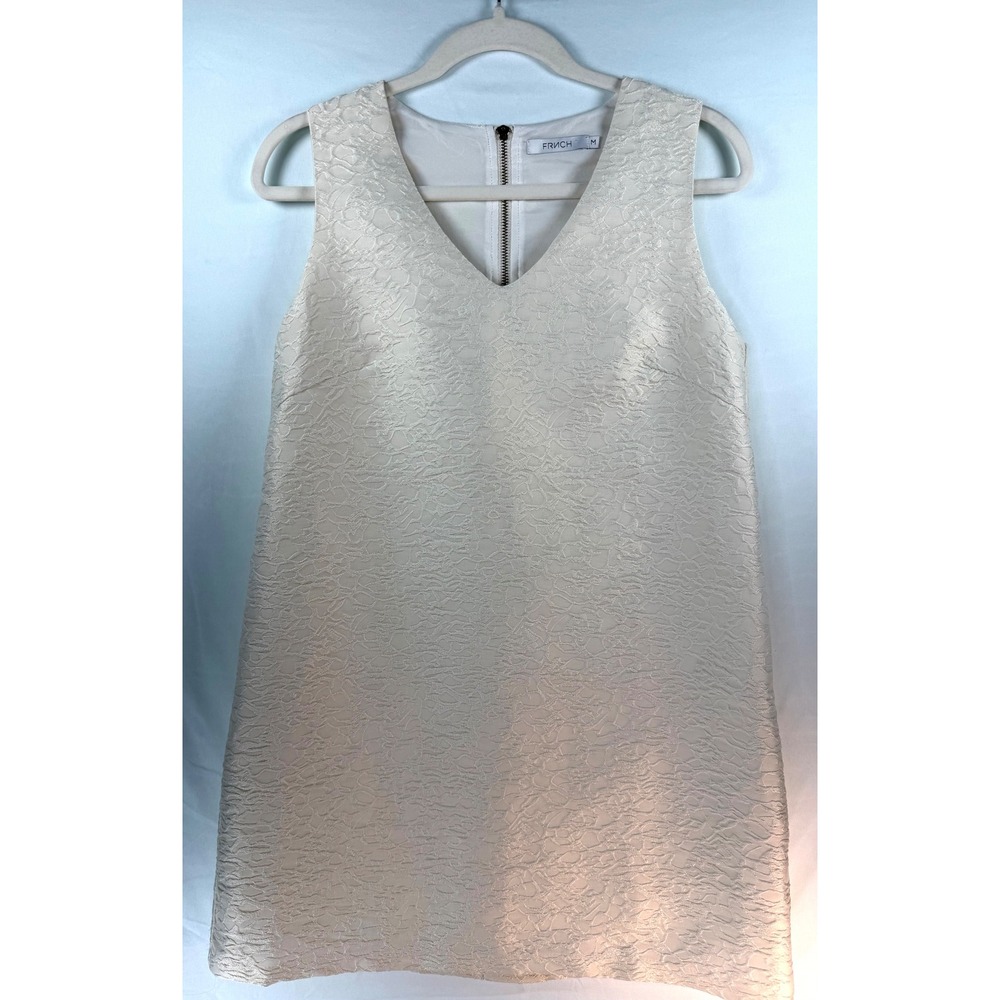 FRNCH Women Cream Ivory Jacquard V-Neck Sleeveless Shift Dress F8140 Size M